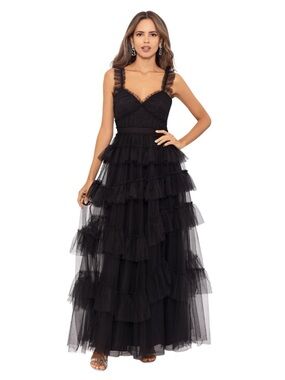 BETSY & ADAM Gigi Dress Black Tiered Tulle Ruffle Prom Gown NWT Size 10
